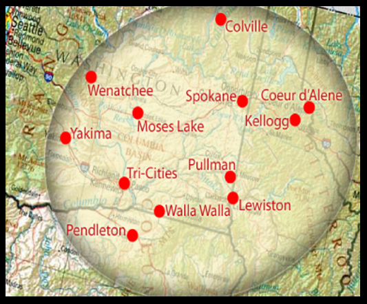 Pendleton, OR, Kennewick, WA, Yakima, WA, Spokane, WA, Walla Walla, WA, Wenatchee, WA, Colville, WA,  Coeur d'Alene, ID, and Lewiston, ID